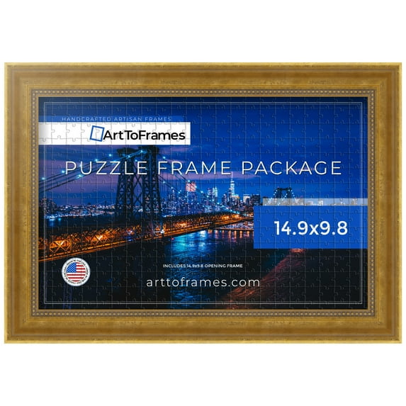 ArtToFrames 14.9x9.8 Inch - 38x25 CM Gold Puzzle Frame for 100 piece Puzzles.1.50 Inch Custom Wood Puzzle Frames, Antique Gold - Comes with Regular Glass