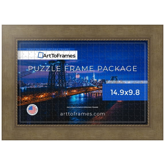 ArtToFrames 14.9x9.8 Inch - 38x25 CM Gold Puzzle Frame for 100 piece Puzzles.1.75 Inch Custom Wood Puzzle Frames, Metallic Gold with Ornate Detail - Comes with Regular Glass