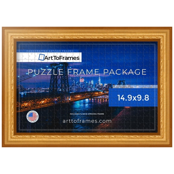 ArtToFrames 14.9x9.8 Inch - 38x25 CM Gold Puzzle Frame for 100 piece Puzzles.1.50 Inch Custom Wood Puzzle Frames, Gold - Comes with Regular Glass