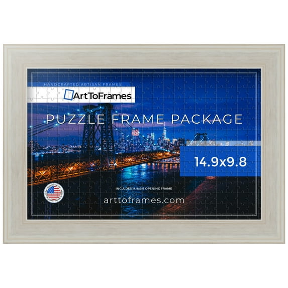 ArtToFrames 14.9x9.8 Inch - 38x25 CM Multi Puzzle Frame for 100 piece Puzzles.1.50 Inch Custom Wood Puzzle Frames, White Panel - Comes with Regular Glass