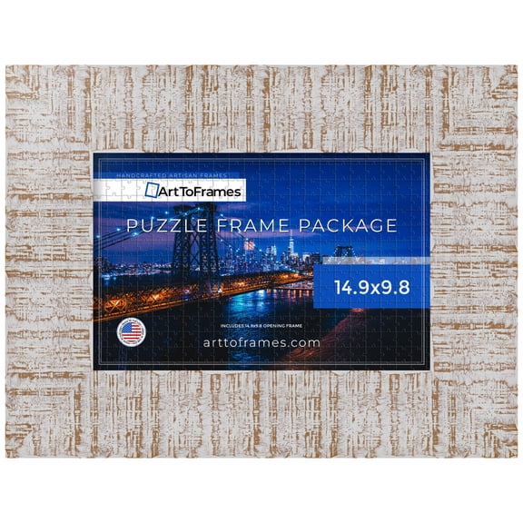 ArtToFrames 14.9x9.8 Inch - 38x25 CM Multi Puzzle Frame for 100 piece Puzzles.3.75 Inch Custom Wood Puzzle Frames, white wash - Comes with Regular Glass