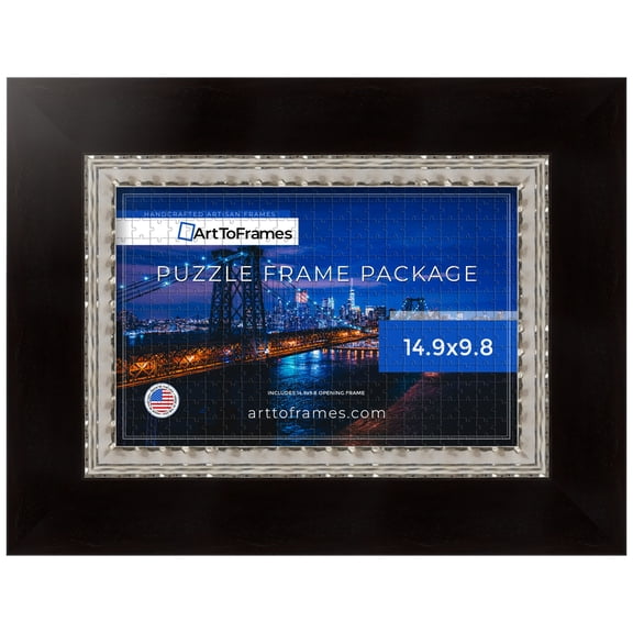 ArtToFrames 14.9x9.8 Inch - 38x25 CM Multi Puzzle Frame for 100 piece Puzzles.3.94 Inch Custom Wood Puzzle Frames, Espresso with Silver Lip - Comes with Regular Glass