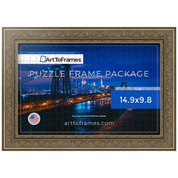 ArtToFrames 14.9x9.8 Inch - 38x25 CM Silver Puzzle Frame for 100 piece Puzzles.1.63 Inch Custom Wood Puzzle Frames, Ornate Silver with Bead - Comes with Regular Glass