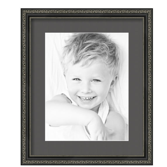 ArtToFrames 14x17" Matted Picture Frame with 10x13" Single Mat Photo Opening Framed in 1.25" Antique Black and 2" Charcoal Mat (FWM-5106-14x17)