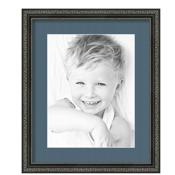 ArtToFrames 14x17" Matted Picture Frame with 10x13" Single Mat Photo Opening Framed in 1.25" Antique Black and 2" Dutch Blue Mat (FWM-5106-14x17)