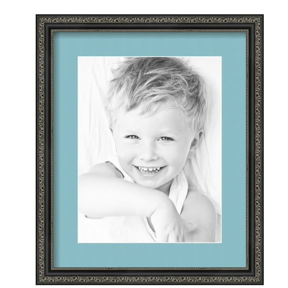 ArtToFrames 14x17" Matted Picture Frame with 10x13" Single Mat Photo Opening Framed in 1.25" Antique Black and 2" French Blue Mat (FWM-5106-14x17)