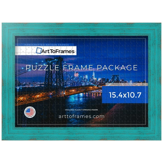 ArtToFrames 15.4x10.7 Inch - 39x27 CM Blue Puzzle Frame for 300 piece Puzzles.1.50 Inch Custom Wood Puzzle Frames, Turquoise - Comes with Regular Glass