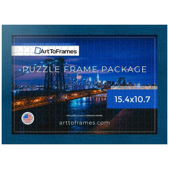 ArtToFrames 15.4x10.7 Inch - 39x27 CM Blue Puzzle Frame for 300 piece Puzzles.1.00 Inch Custom Wood Puzzle Frames, Blue - Comes with Regular Glass