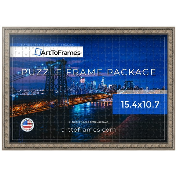 ArtToFrames 15.4x10.7 Inch - 39x27 CM Multi Puzzle Frame for 300 piece Puzzles.0.75 Inch Custom Wood Puzzle Frames, Silver - Comes with Regular Glass