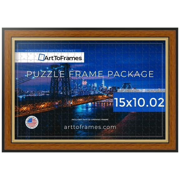 ArtToFrames 15x10.02 Inch - 38x26 CM Brown Puzzle Frame for 1000 piece Puzzles.1.25 Inch Custom MDF Puzzle Frames, Honey with Gold - Comes with Regular Glass