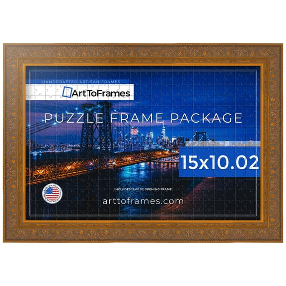 ArtToFrames 15x10.02 Inch - 38x26 CM Gold Puzzle Frame for 1000 piece Puzzles.1.40 Inch Custom Wood Puzzle Frames, Gold Victorian Emboss - Comes with Regular Glass