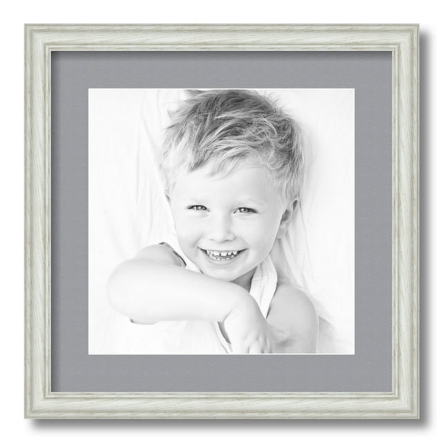 ArtToFrames 16x16 Matted Picture Frame with 12x12 Single Mat Photo Opening Framed in 1.25 Off White Wash on Ash and 2 Silver Mat (FWM-4098-16x16)