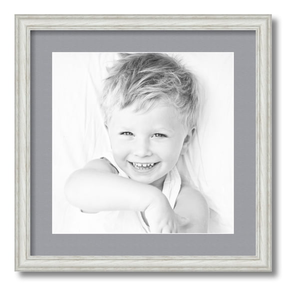 ArtToFrames 18x18 Matted Picture Frame with 14x14 Single Mat Photo Opening Framed in 1.25 Off White Wash on Ash and 2 Silver Mat (FWM-4098-18x18)