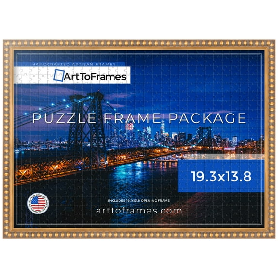 ArtToFrames 19.3x13.8 Inch - 49x35 CM Gold Puzzle Frame for 500 piece Puzzles.0.80 Inch Custom Wood Puzzle Frames, Gold Leaf with Bead Compo - Comes with Regular Glass