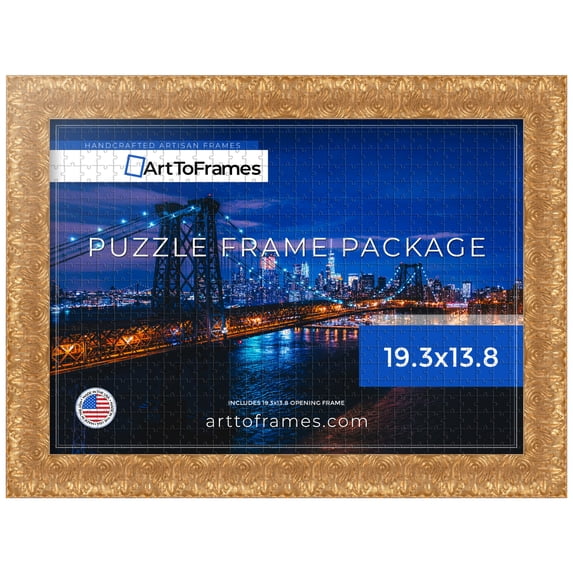 ArtToFrames 19.3x13.8 Inch - 49x35 CM Gold Puzzle Frame for 500 piece Puzzles.1.75 Inch Custom Wood Puzzle Frames, 1.75" wide - Gold and Black - Comes with Regular Glass