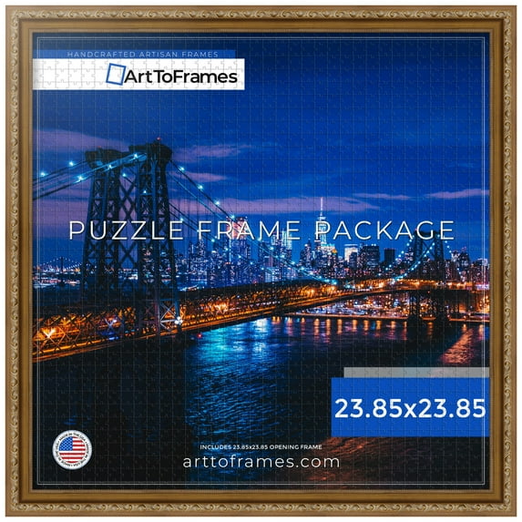 ArtToFrames 23.85x23.85 Inch - 60.6x60.6 CM Gold Puzzle Frame for 1000 piece Puzzles.1.40 Inch Custom Wood Puzzle Frames, Gold with beads - Comes with Economy Acrylic
