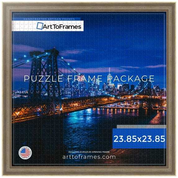 ArtToFrames 23.85x23.85 Inch - 60.6x60.6 CM Silver Puzzle Frame for 1000 piece Puzzles.1.50 Inch Custom Wood Puzzle Frames, Aged White Gold - Comes with Economy Acrylic