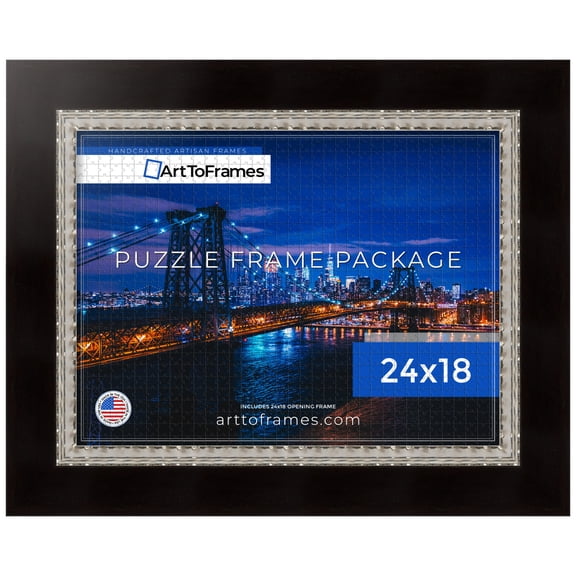 ArtToFrames 24x18 Inch - 61x46 CM Multi Puzzle Frame for 300 piece Puzzles.3.94 Inch Custom Wood Puzzle Frames, Espresso with Silver Lip - Comes with Economy Acrylic