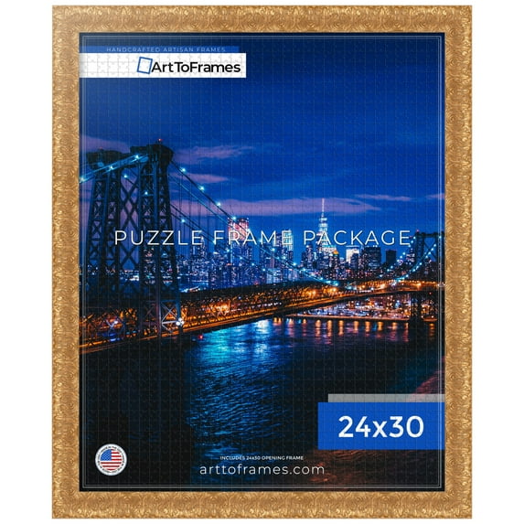 ArtToFrames 24x30 Inch - 61x76.2 CM Gold Puzzle Frame for 1000 piece Puzzles.1.75 Inch Custom Wood Puzzle Frames, 1.75" wide - Gold and Black - Comes with Economy Acrylic