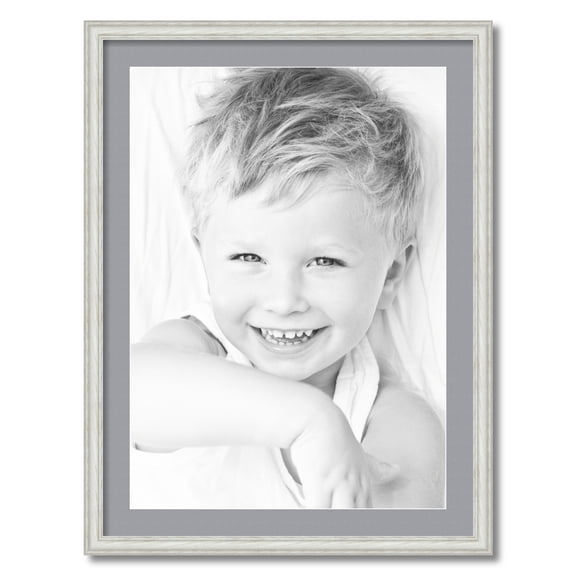 ArtToFrames 24x32 Matted Picture Frame with 20x28 Single Mat Photo Opening Framed in 1.25 Off White Wash on Ash and 2 Silver Mat (FWM-4098-24x32)