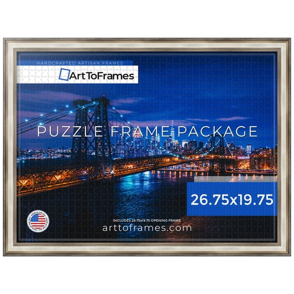 ArtToFrames 26.75x19.75 Inch - 68x50 CM Silver Puzzle Frame for 1000 piece Puzzles.1.38 Inch Custom Wood Puzzle Frames, Antique Silver Panel - Comes with Economy Acrylic