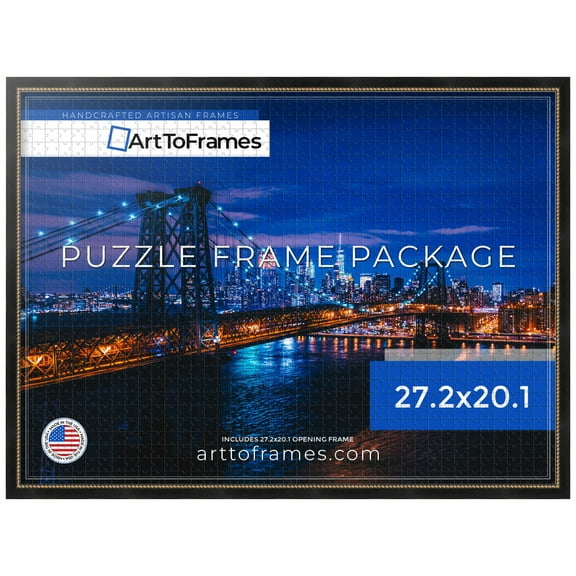 ArtToFrames 27.2x20.1 Inch - 69x51 CM Black Puzzle Frame for 631 piece Puzzles.0.75 Inch Custom Wood Puzzle Frames, Black Square with Gold Beads - Comes with Economy Acrylic
