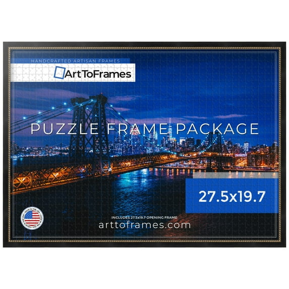 ArtToFrames 27.5x19.7 Inch - 70x50 CM Black Puzzle Frame for 1000 piece Puzzles.0.75 Inch Custom Wood Puzzle Frames, Black Square with Gold Beads - Comes with Economy Acrylic