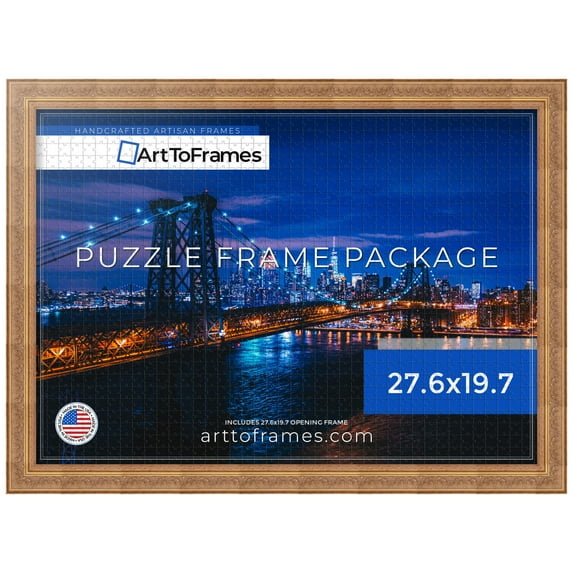 ArtToFrames 27.6x19.7 Inch - 70x50 CM Gold Puzzle Frame for 1000 piece Puzzles.1.63 Inch Custom Wood Puzzle Frames, Gold with Green Tones - Comes with Economy Acrylic