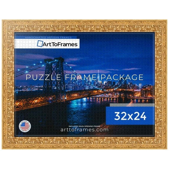 ArtToFrames 32x24 Inch - 81.28x60.96 CM Multi Puzzle Frame for 1500 piece Puzzles.2.80 Inch Custom Wood Puzzle Frames, Antique Floral Gold - Comes with Economy Acrylic