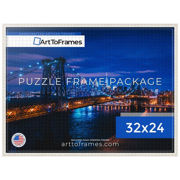 ArtToFrames 32x24 Inch - 81.28x60.96 CM White Puzzle Frame for 1500 piece Puzzles.0.75 Inch Custom Wood Puzzle Frames, White Square Star Emboss - Comes with Economy Acrylic