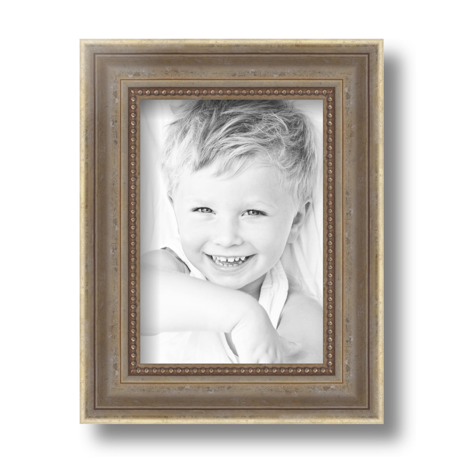 ArtToFrames 5x7 Inch Aged White Gold Picture Frame, This Silver Wood