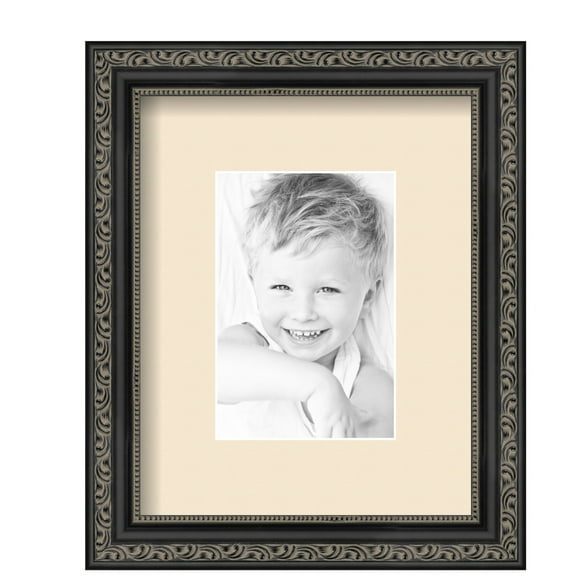 ArtToFrames 8x10" Matted Picture Frame with 4x6" Single Mat Photo Opening Framed in 1.25" Antique Black and 2" Alabaster Mat (FWM-5106-8x10)