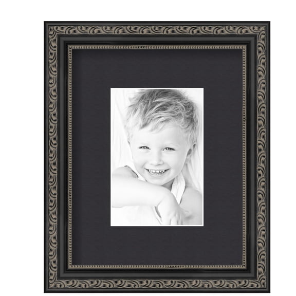 ArtToFrames 8x10" Matted Picture Frame with 4x6" Single Mat Photo Opening Framed in 1.25" Antique Black and 2" Black Mat (FWM-5106-8x10)