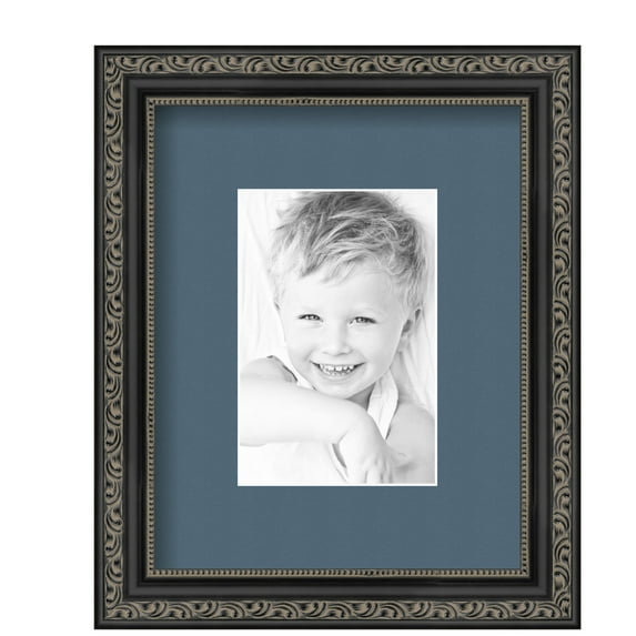 ArtToFrames 8x10" Matted Picture Frame with 4x6" Single Mat Photo Opening Framed in 1.25" Antique Black and 2" Dutch Blue Mat (FWM-5106-8x10)