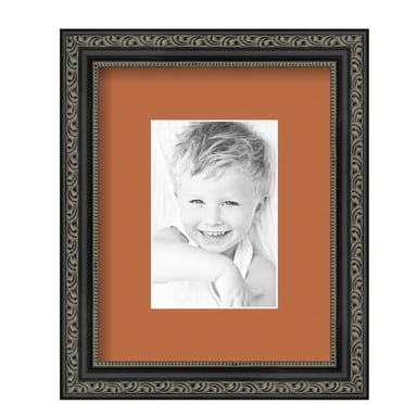 ArtToFrames 8x10" Matted Picture Frame with 4x6" Single Mat Photo Opening Framed in 1.25" Antique Black and 2" Red Orange Mat (FWM-5106-8x10)