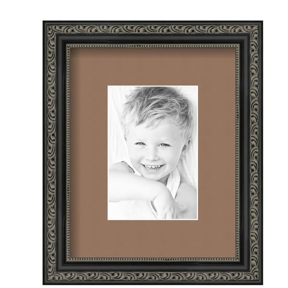 ArtToFrames 8x10" Matted Picture Frame with 4x6" Single Mat Photo Opening Framed in 1.25" Antique Black and 2" Sandpiper Mat (FWM-5106-8x10)