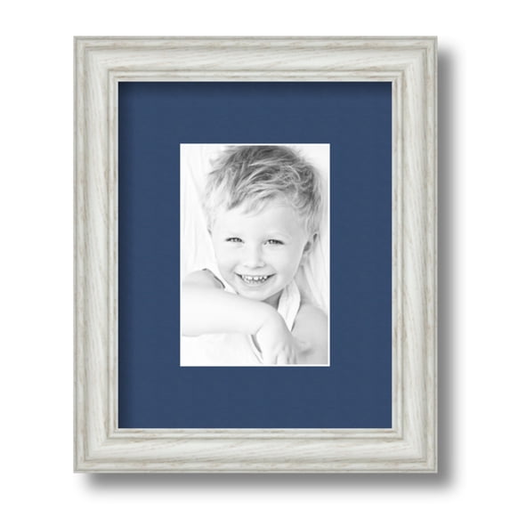 ArtToFrames 8x10 Matted Picture Frame with 4x6 Single Mat Photo Opening Framed in 1.25 Off White Wash on Ash and 2 Delft Blue Mat (FWM-4098-8x10)