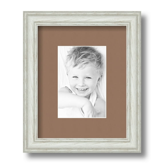 ArtToFrames 8x10" Matted Picture Frame with 4x6" Single Mat Photo Opening Framed in 1.25" Off White Wash on Ash and 2" Sandpiper Mat (FWM-4098-8x10)