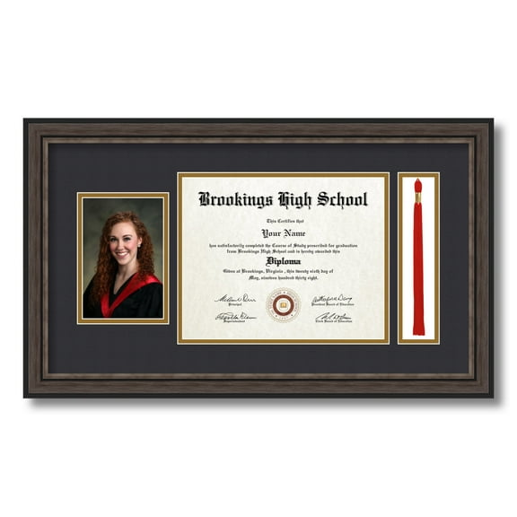 ArtToFrames 8x10 inch Diploma Frame with 4" x 6" Image Opening and 1.5x8 inch Tassel Opening - Framed in Grey and Black Frame with Black and Gold Mats, Comes with Regular Plexi Glass (D-IT-4448-8x10)