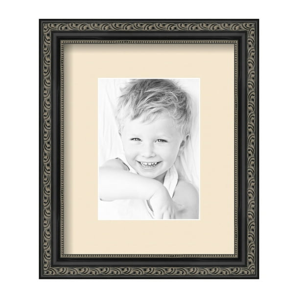 ArtToFrames 9x11" Matted Picture Frame with 5x7" Single Mat Photo Opening Framed in 1.25" Antique Black and 2" Alabaster Mat (FWM-5106-9x11)