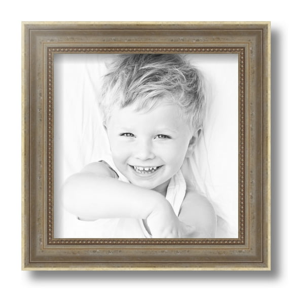 ArtToFrames 9x9 Inch Aged White Gold Picture Frame, This Silver Wood Poster Frame is Great for Your Art or Photos, Comes with Regular Glass (2036)