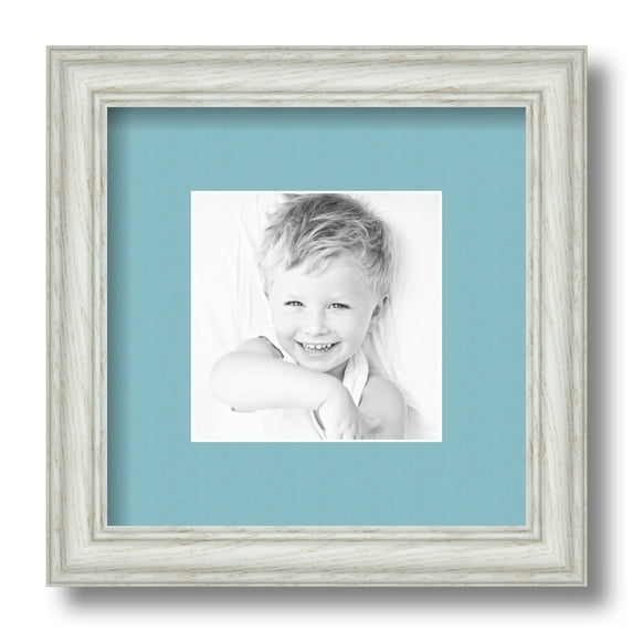 ArtToFrames 9x9" Matted Picture Frame with 5x5" Single Mat Photo Opening Framed in 1.25" Off White Wash on Ash and 2" French Blue Mat (FWM-4098-9x9)