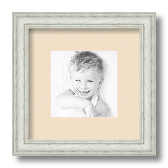 ArtToFrames 9x9" Matted Picture Frame with 5x5" Single Mat Photo Opening Framed in 1.25" Off White Wash on Ash and 2" French Creme Mat (FWM-4098-9x9)