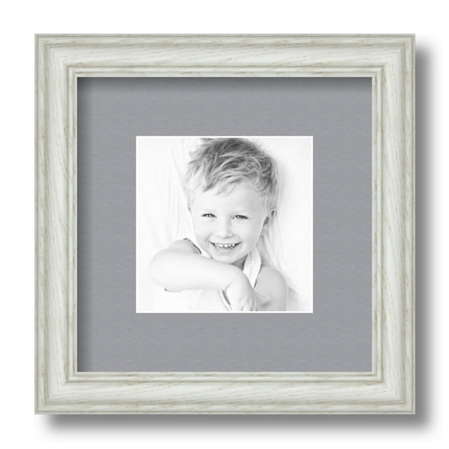 ArtToFrames 9x9 Matted Picture Frame with 5x5 Single Mat Photo Opening Framed in 1.25 Off White Wash on Ash and 2 Silver Mat (FWM-4098-9x9)