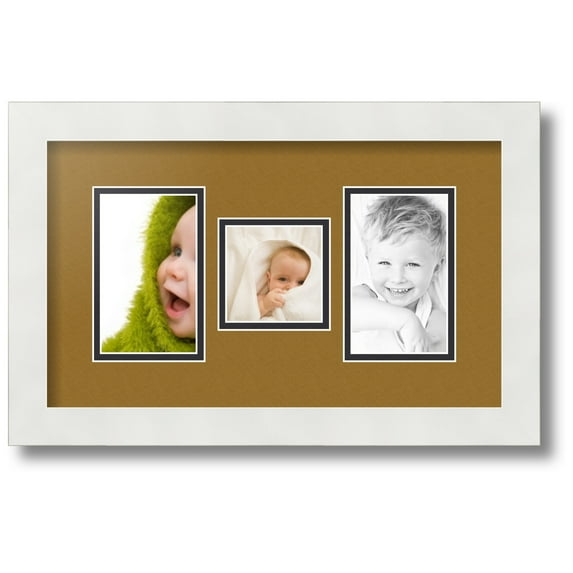 ArtToFrames Collage Photo Picture Frame with 1 - 3x3 and 2 - 3x5 Openings, Framed in White with El Dorado and Black Mats (CDM-3966-71)