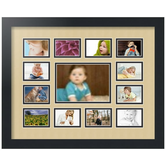 ArtToFrames Collage Photo Picture Frame with 1 - 4.75x6.75 and 12 - 2x3" Openings, Framed in Black with Green Whisper and Black Mats (CDM-3926-569)