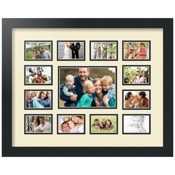 ArtToFrames Collage Photo Picture Frame with 1 - 4.75x6.75 and 12 - 2x3" Openings, Framed in Black with Oyster and Black Mats (CDM-3926-569)