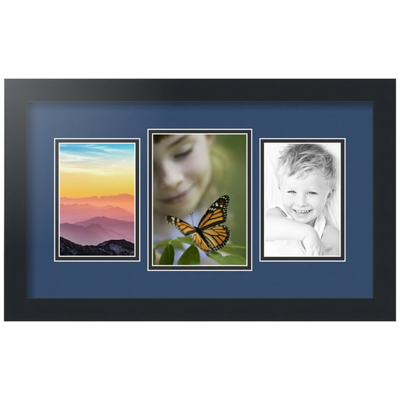 ArtToFrames Collage Photo Picture Frame with 1 - 5x7 and 2 - 4x6" Openings, Framed in Black with Delft Blue and Black Mats (CDM-3926-201)
