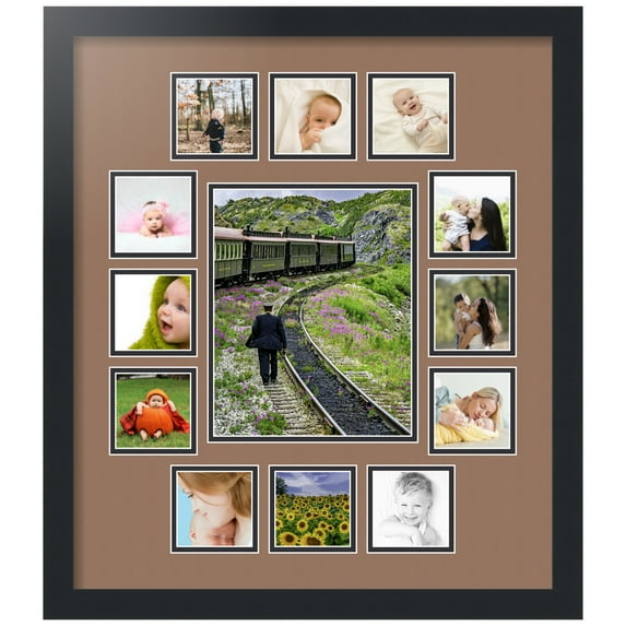 ArtToFrames Collage Photo Picture Frame with 1 - 8x10 and 12 - 3x3" Openings, Framed in Black with Sandpiper and Black Mats (CDM-3926-676)