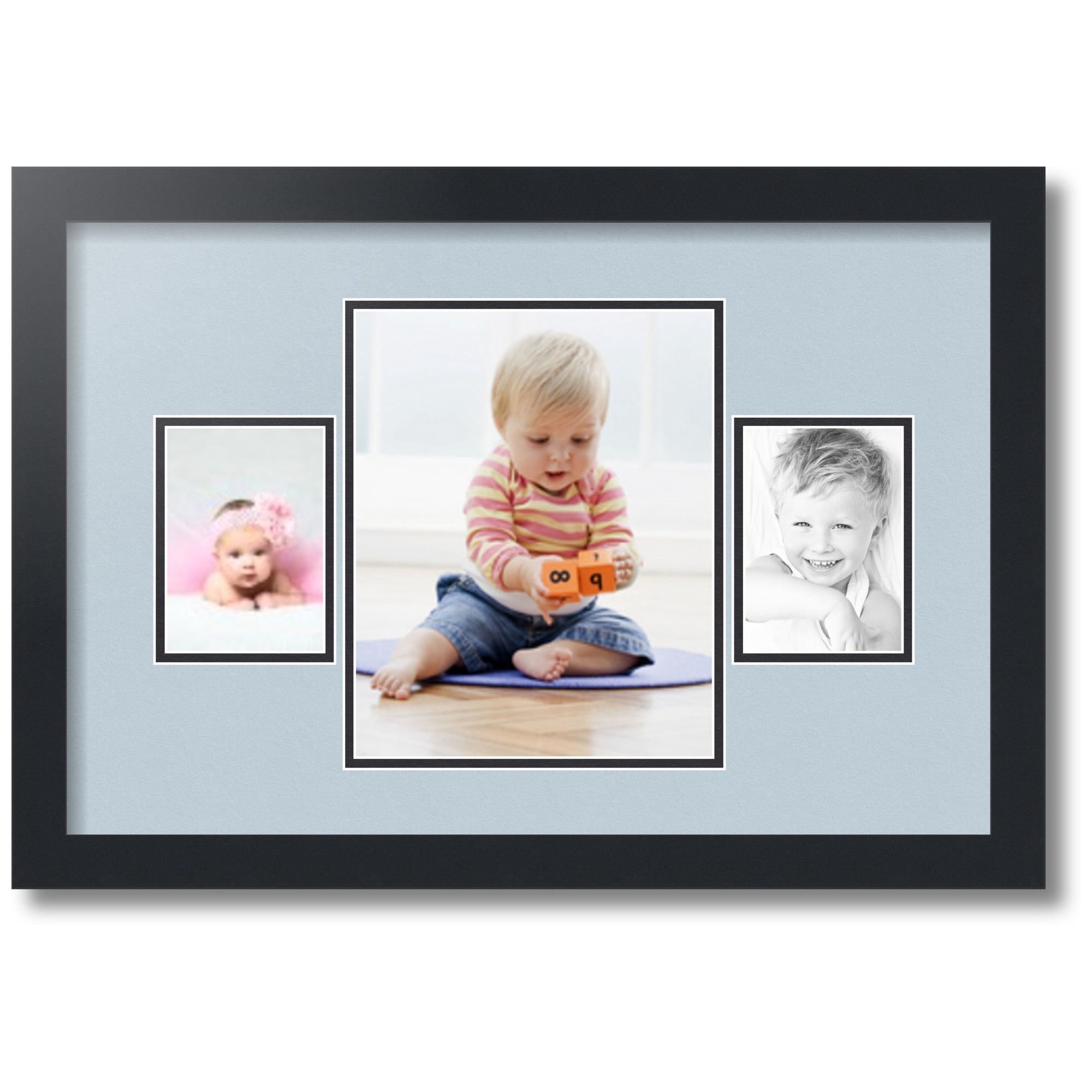 ArtToFrames Collage Photo Picture Frame with 1 - 8x10 and 2 - 3.5x5 Openings, Framed in Black with Baby Blue and Black Mats (CDM-3926-75)